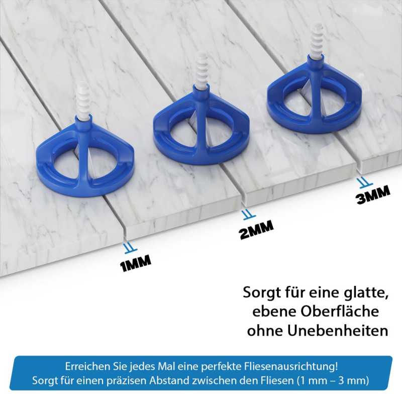 Fliesen Nivelliersystem für 1mm, 2mm und 3mm Fugen - Zughauben & Gewindelaschen