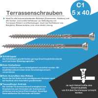 100 Stück 5x40 C1 Terrassenschrauben (TX25 T-Drill Edelstahl Cut-Spitze Terassenbauschrauben)